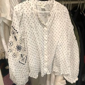H&M Boho Navy and White Embroidered Top